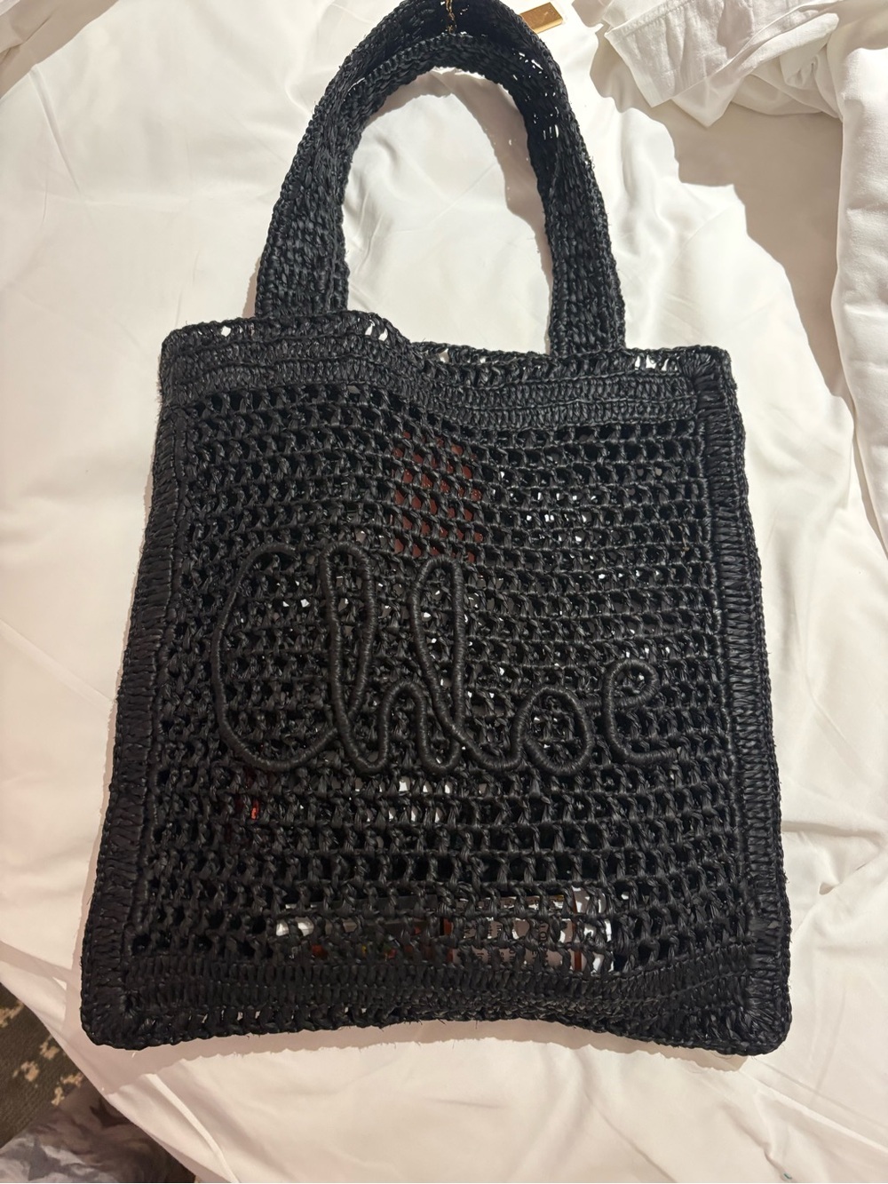 Chloe Black Crochet raffia Tote banana Bag - Women